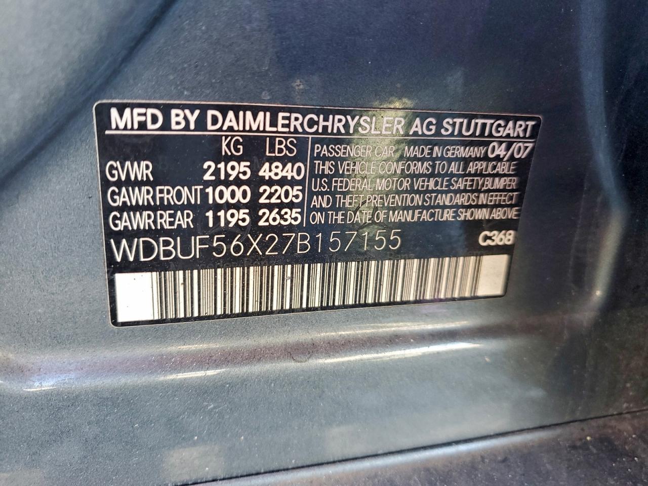 2007 Mercedes-Benz E 350 VIN: WDBUF56X27B157155 Lot: 95096825