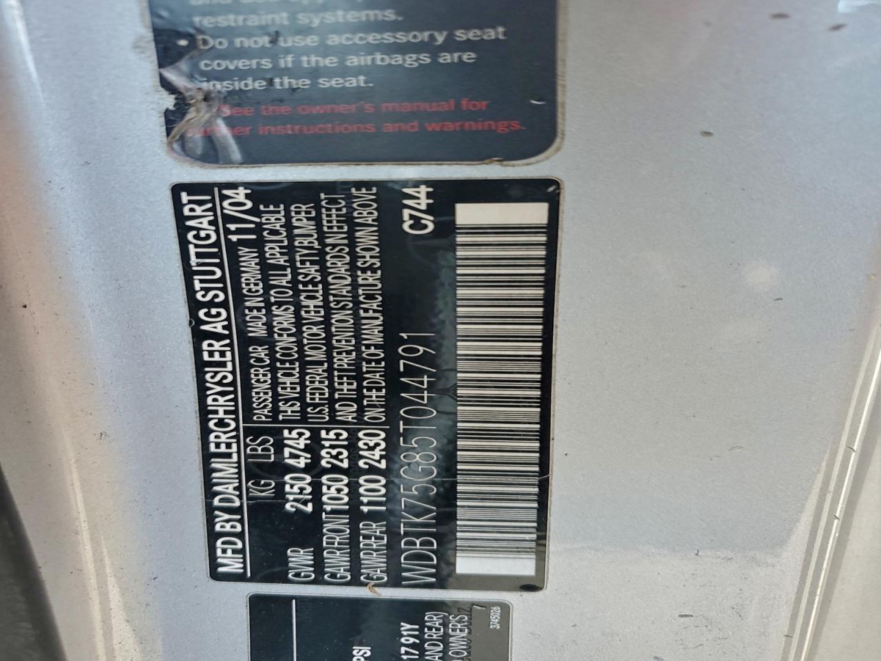 2005 Mercedes-Benz Clk 500 VIN: WDBTK75G85T044791 Lot: 94767105