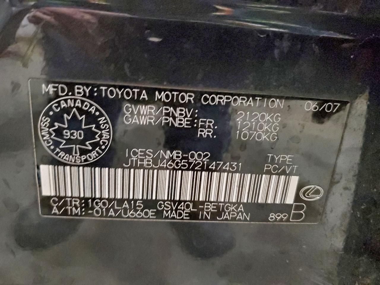 2007 Lexus Es 350 VIN: JTHBJ46G572147431 Lot: 95250185