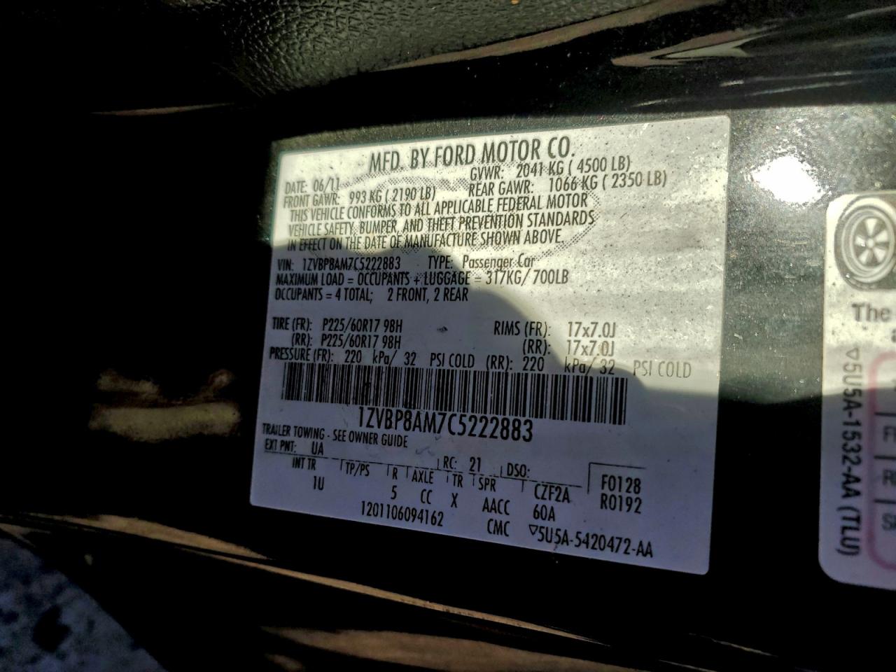 2012 Ford Mustang VIN: 1ZVBP8AM7C5222883 Lot: 96699575