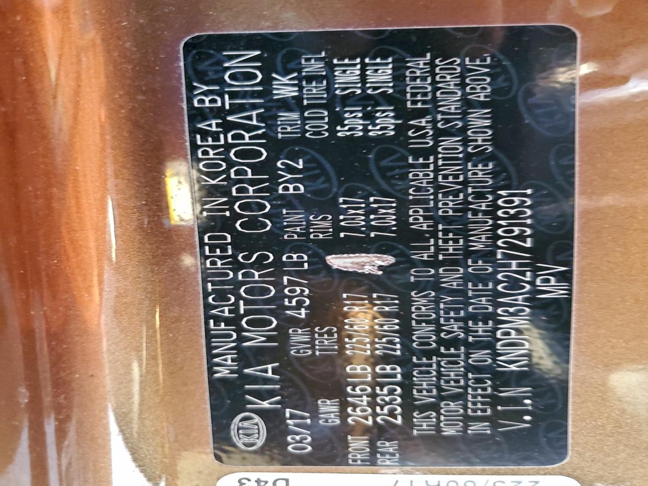 2017 Kia Sportage Lx VIN: KNDPM3AC2H7291391 Lot: 96977855