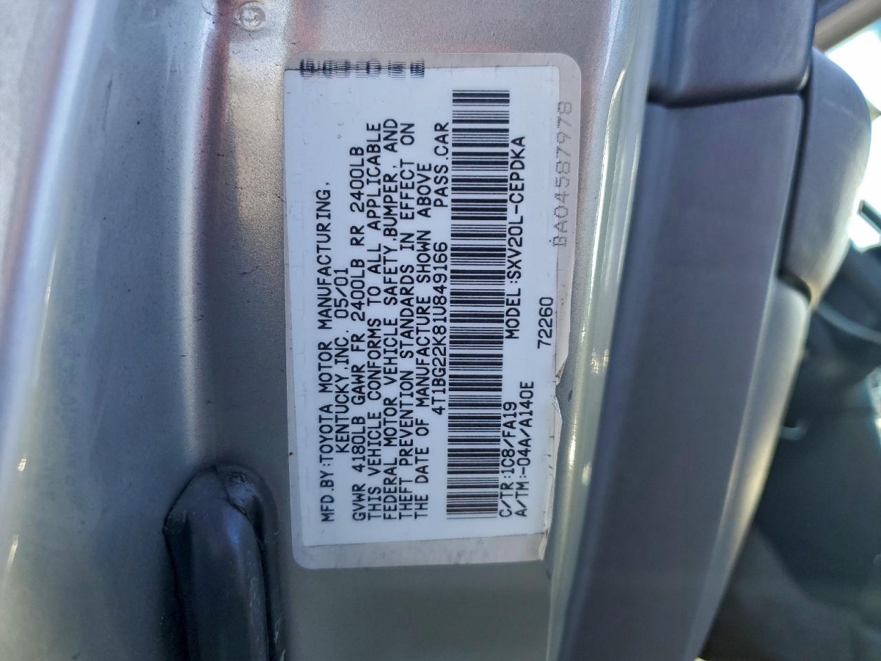 2001 Toyota Camry Ce VIN: 4T1BG22K81U849166 Lot: 94730295