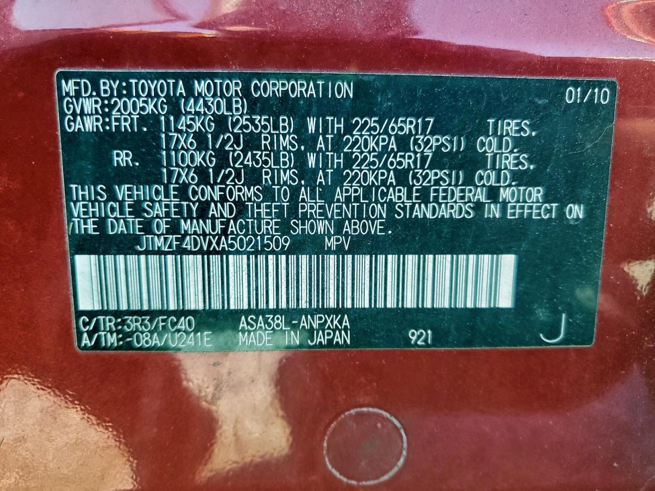 2010 Toyota Rav4 VIN: JTMZF4DVXA5021509 Lot: 94860885