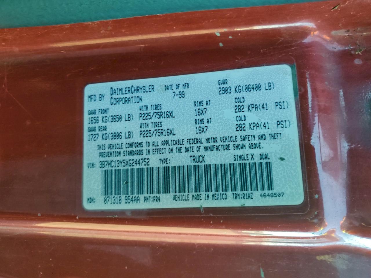 1999 Dodge Ram 1500 VIN: 3B7HC13Y5XG244752 Lot: 96127685