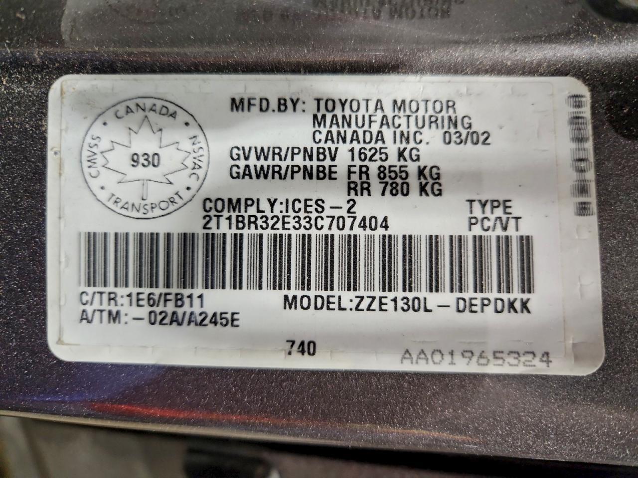 2003 Toyota Corolla Ce VIN: 2T1BR32E33C707404 Lot: 95981525