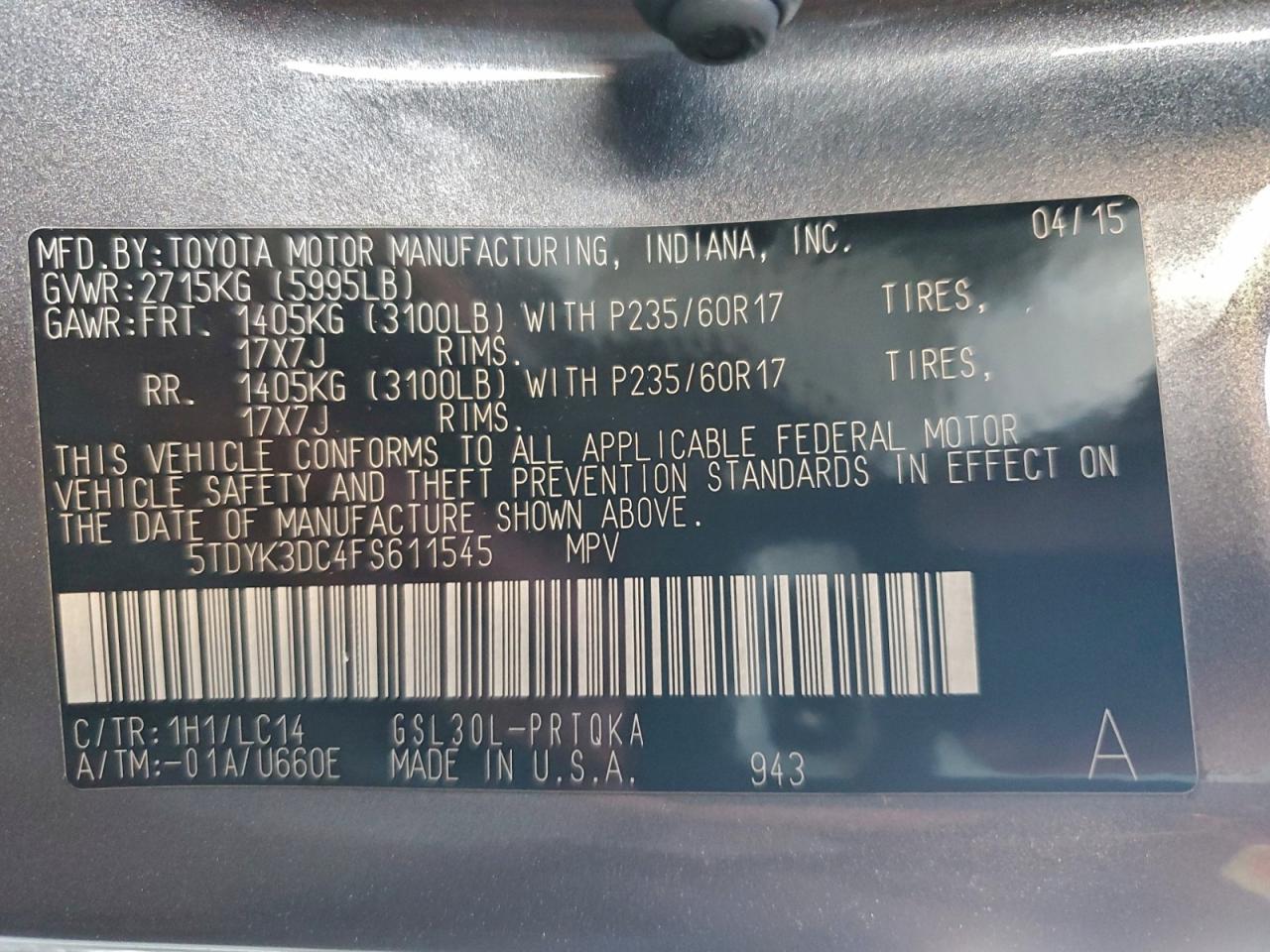 2015 Toyota Sienna Xle VIN: 5TDYK3DC4FS611545 Lot: 93726395