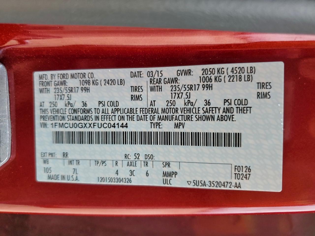 2015 Ford Escape Se VIN: 1FMCU0GXXFUC04144 Lot: 95032035