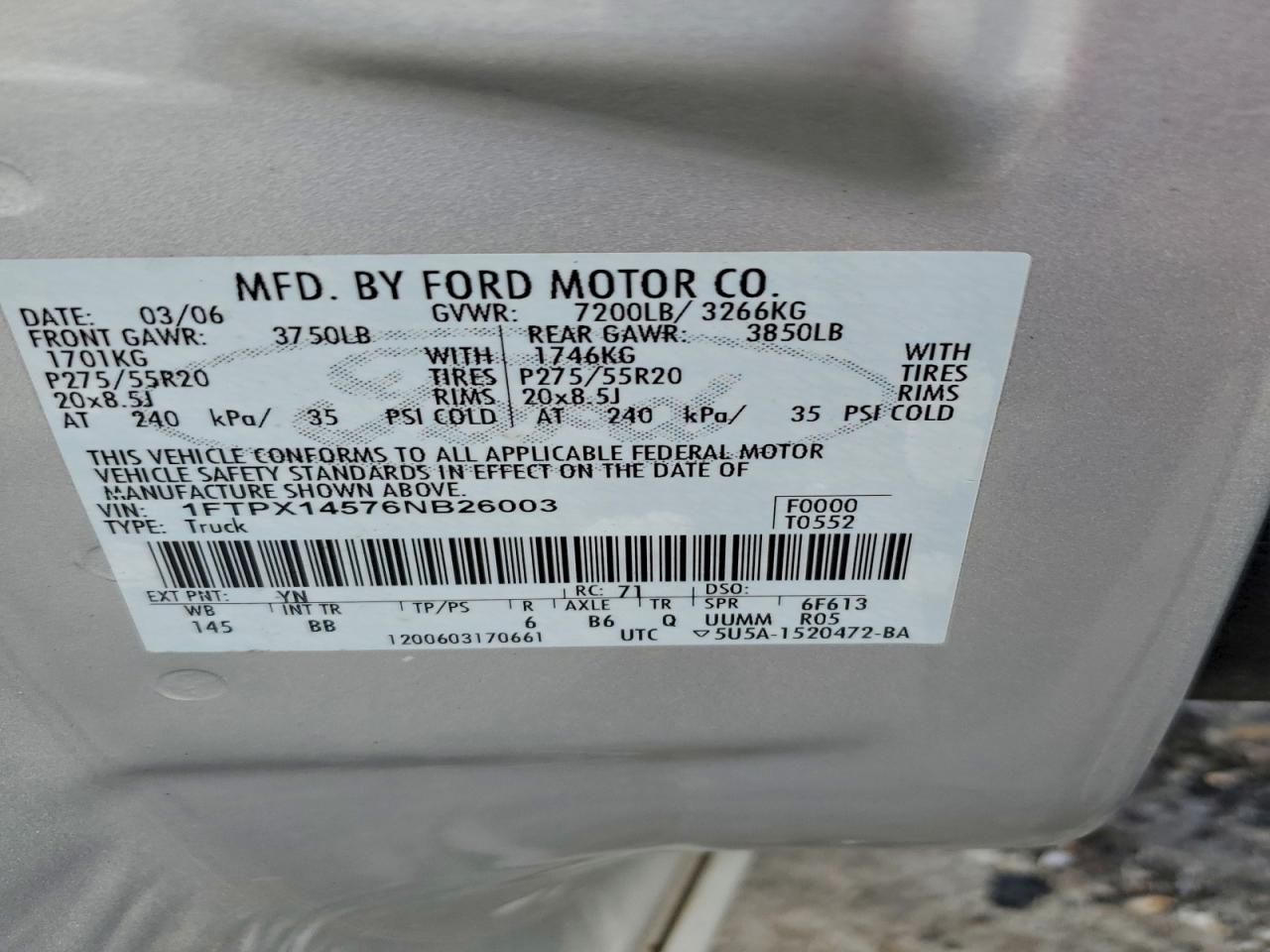 2006 Ford F150 VIN: 1FTPX14576NB26003 Lot: 94457765