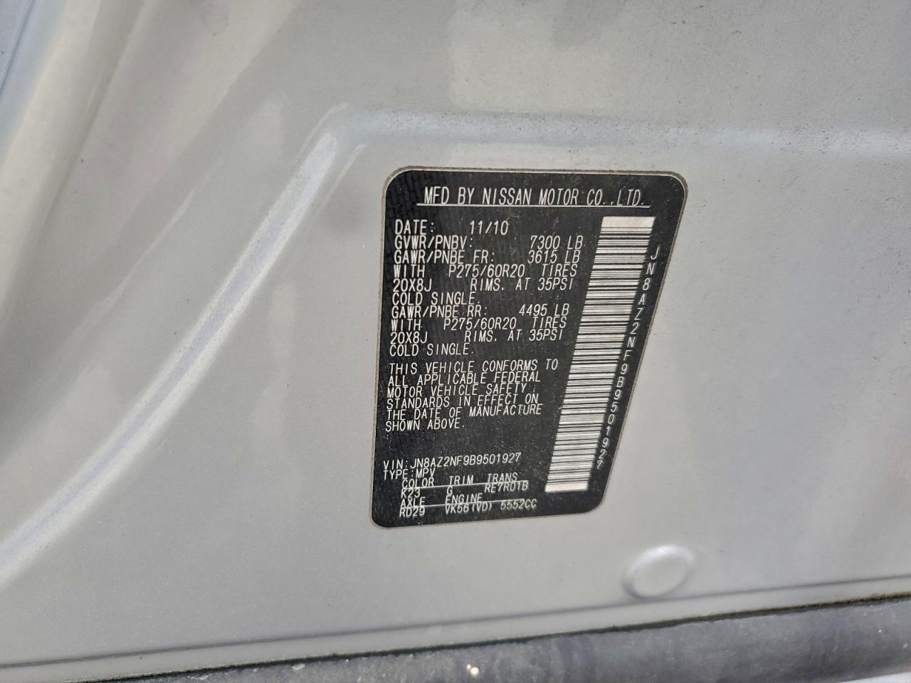 2011 Infiniti Qx56 VIN: JN8AZ2NF9B9501927 Lot: 95576475