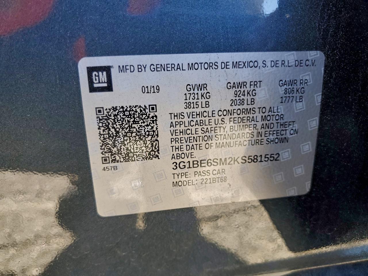 2019 Chevrolet Cruze Lt VIN: 3G1BE6SM2KS581552 Lot: 95704555