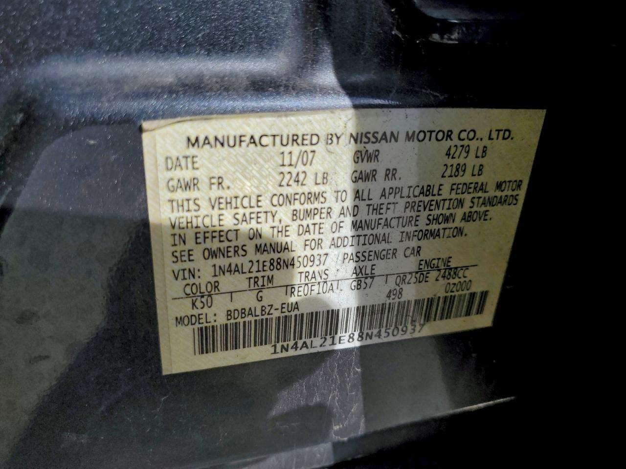 2008 Nissan Altima 2.5 VIN: 1N4AL21E88N450937 Lot: 96502905