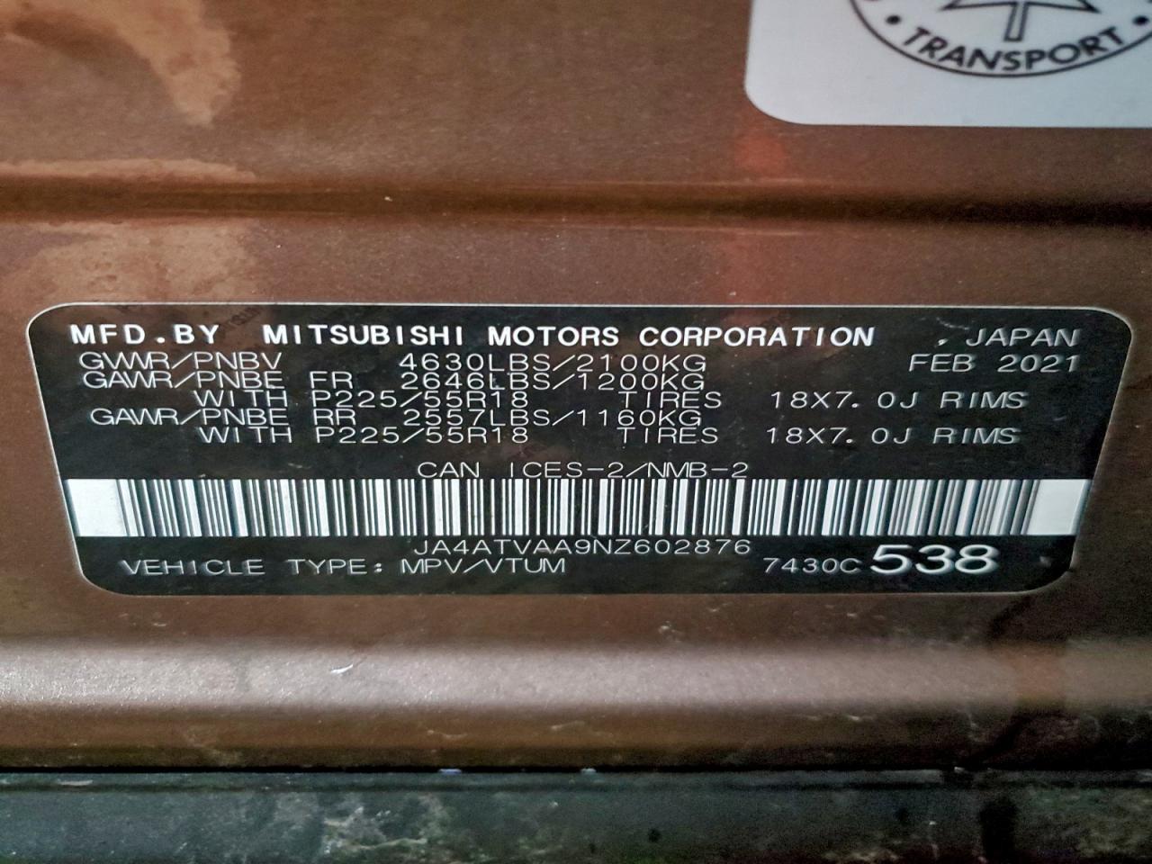 2022 Mitsubishi Eclipse Cross Le VIN: JA4ATVAA9NZ602876 Lot: 95723675