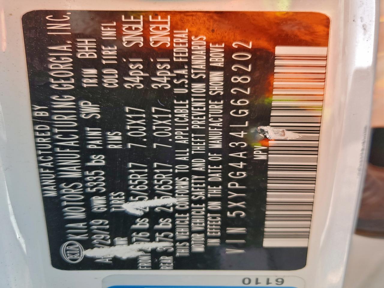 2020 Kia Sorento L VIN: 5XYPG4A34LG628202 Lot: 96265325