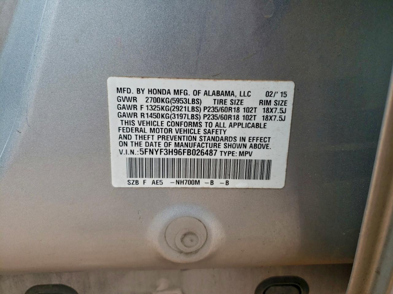 2015 Honda Pilot Touring VIN: 5FNYF3H96FB026487 Lot: 94415895