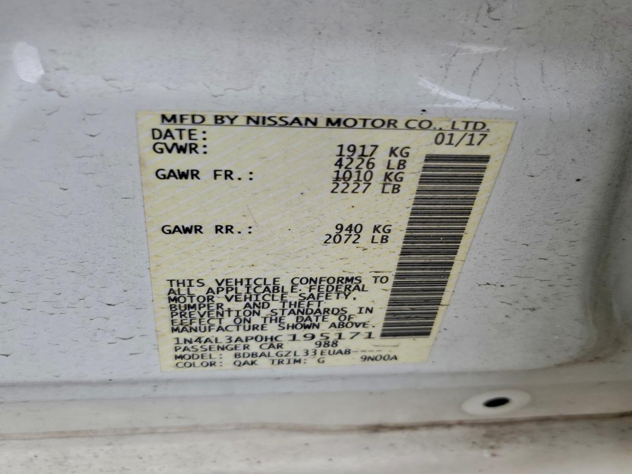 2017 Nissan Altima 2.5 VIN: 1N4AL3AP0HC195171 Lot: 94804865