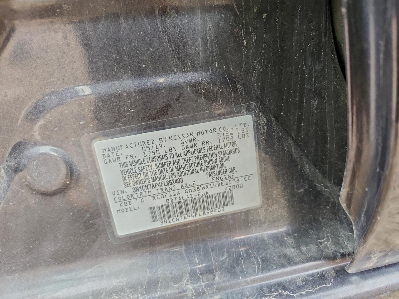 2015 Nissan Versa S VIN: 3N1CN7AP4FL852403 Lot: 94971115