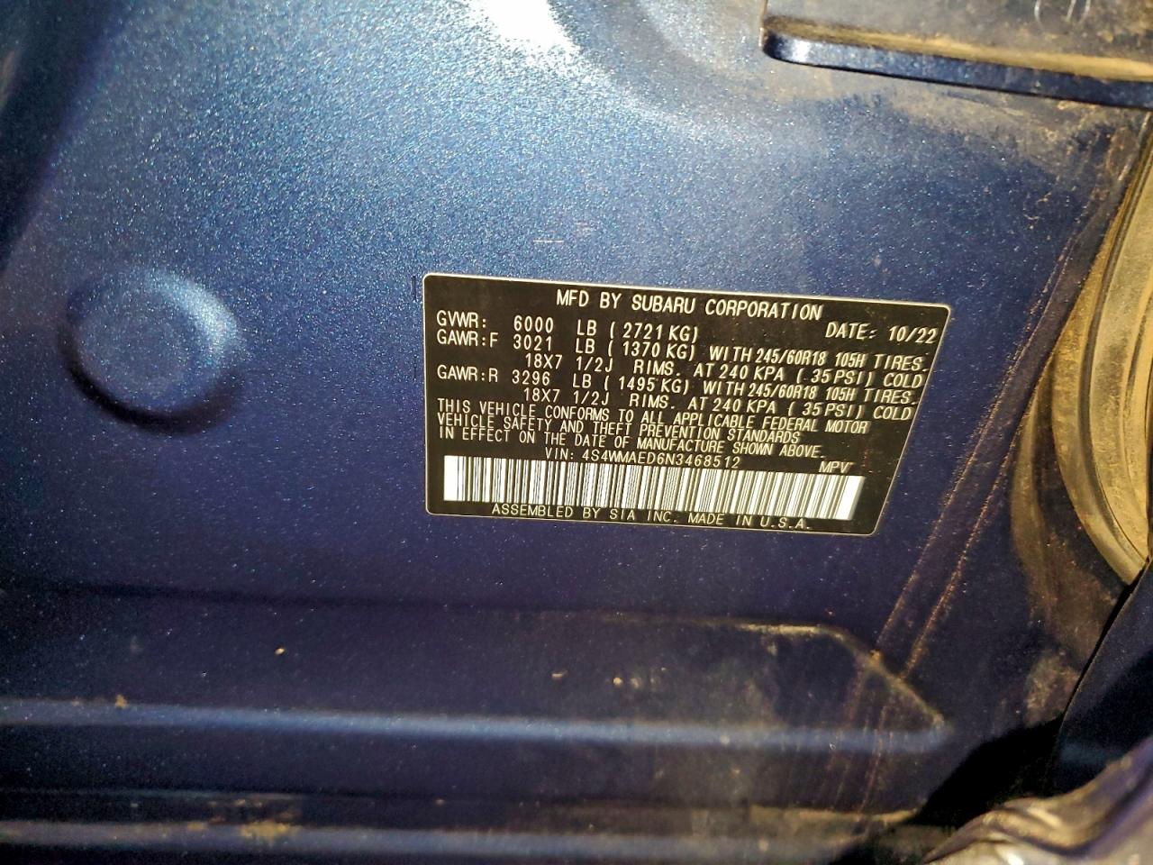 2022 Subaru Ascent Premium VIN: 4S4WMAED6N3468512 Lot: 96612365