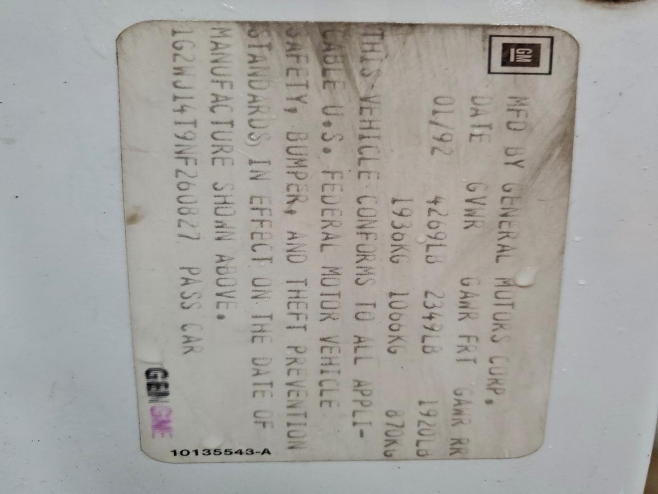 1992 Pontiac Grand Prix Se VIN: 1G2WJ14T9NF260827 Lot: 94460025