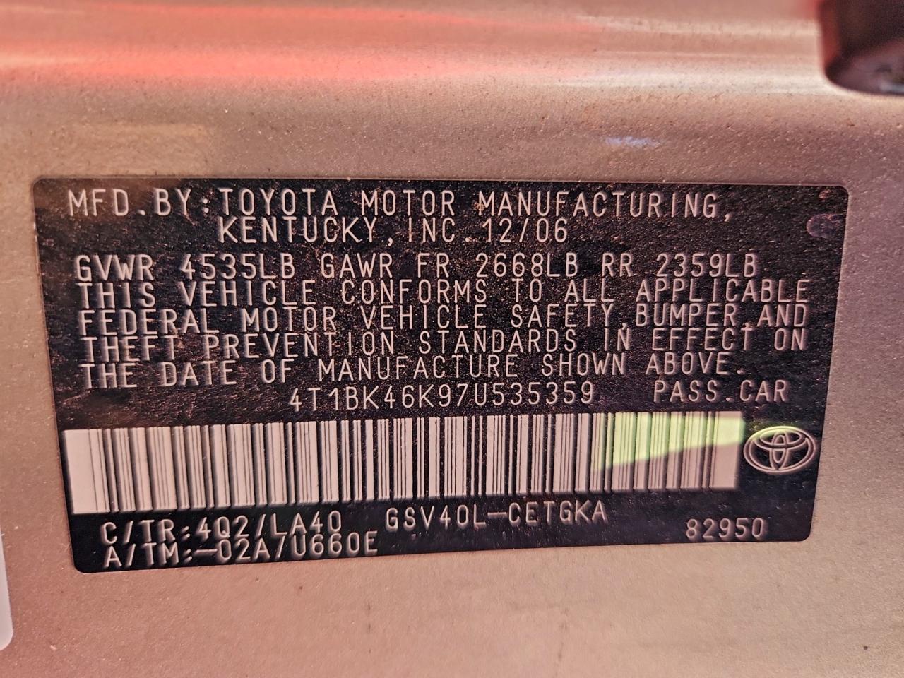 2007 Toyota Camry Le VIN: 4T1BK46K97U535359 Lot: 96618405