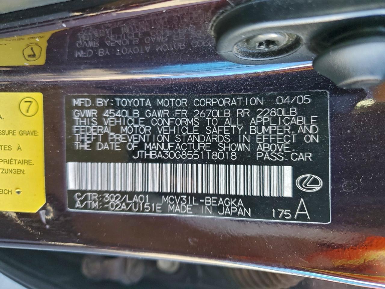 2005 Lexus Es 330 VIN: JTHBA30G855118018 Lot: 94909395