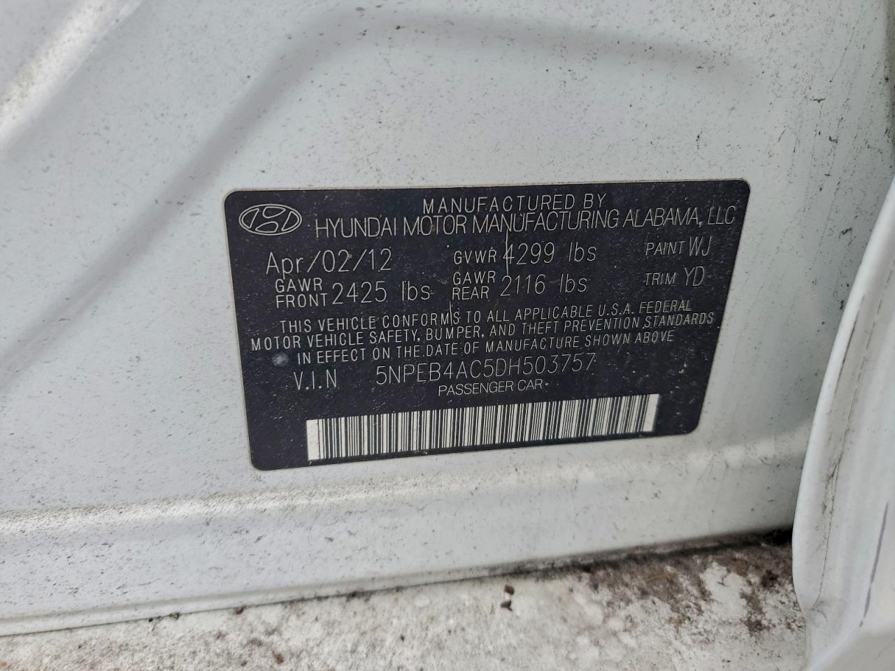 2013 Hyundai Sonata Gls VIN: 5NPEB4AC5DH503757 Lot: 96749745