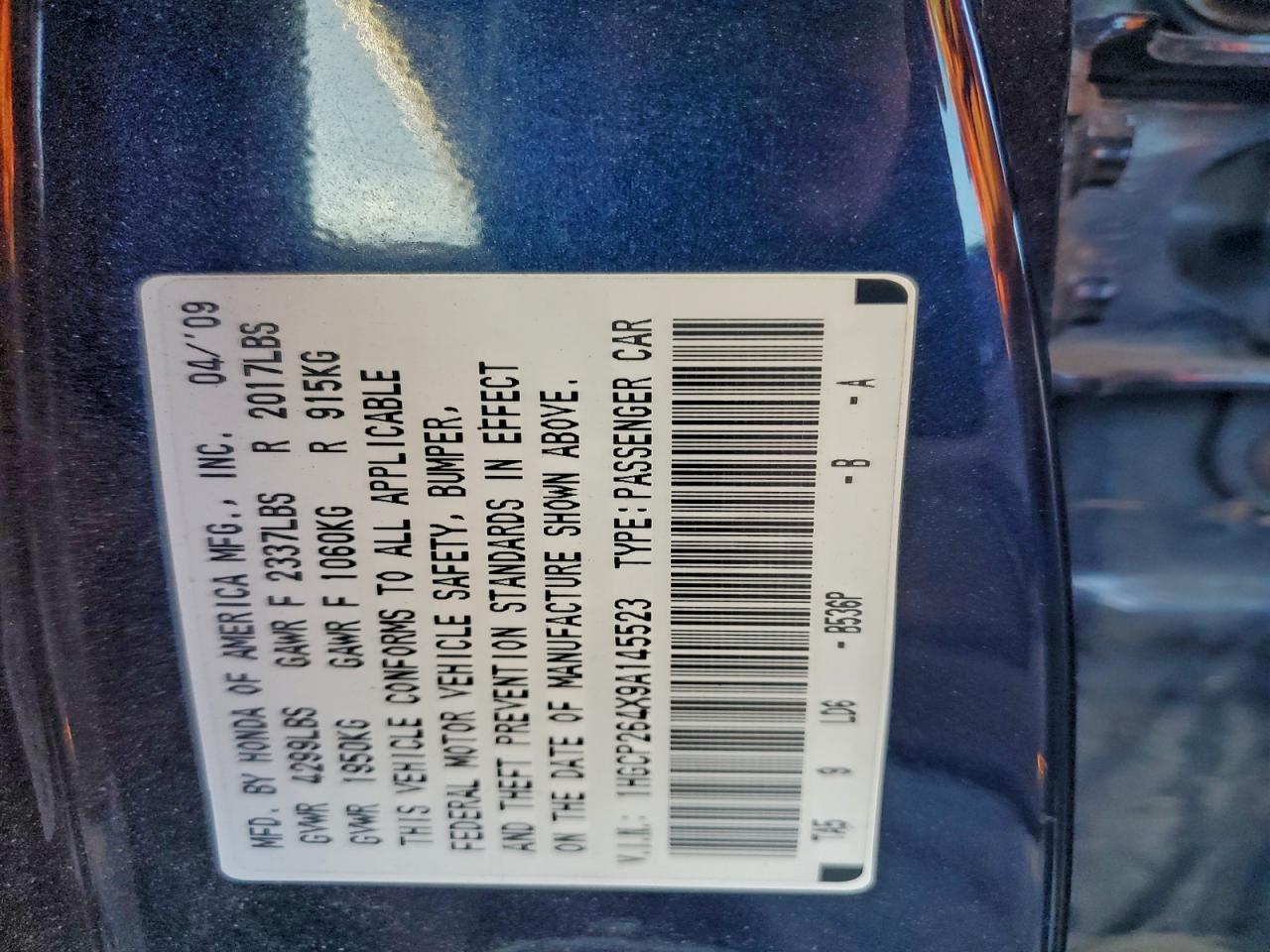 2009 Honda Accord Lxp VIN: 1HGCP264X9A145523 Lot: 96919285