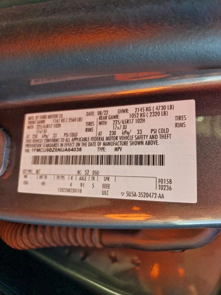 2022 Ford Escape Se VIN: 1FMCU9BZ6NUA64038 Lot: 94767255