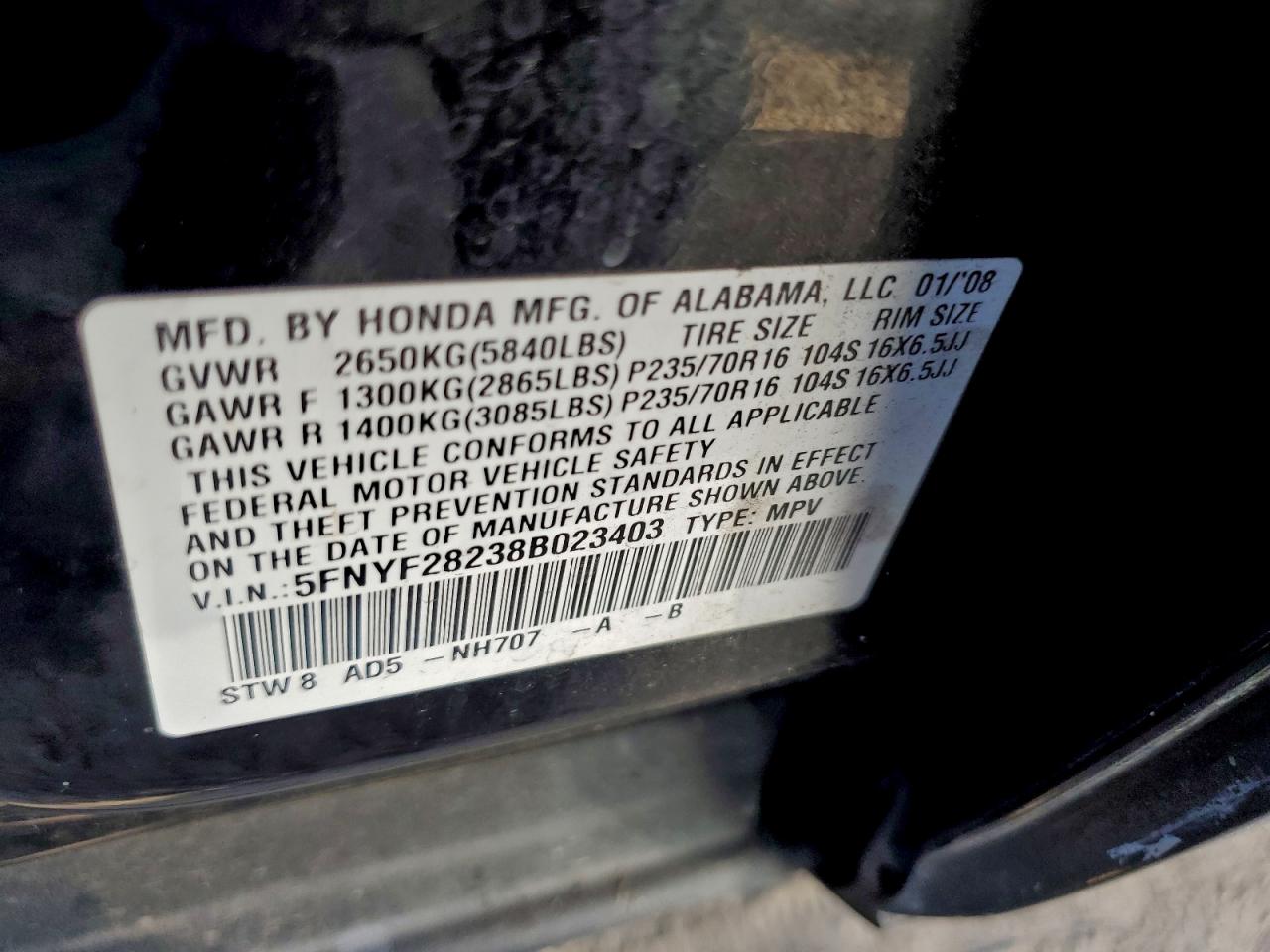 2008 Honda Pilot Vp VIN: 5FNYF28238B023403 Lot: 96229515