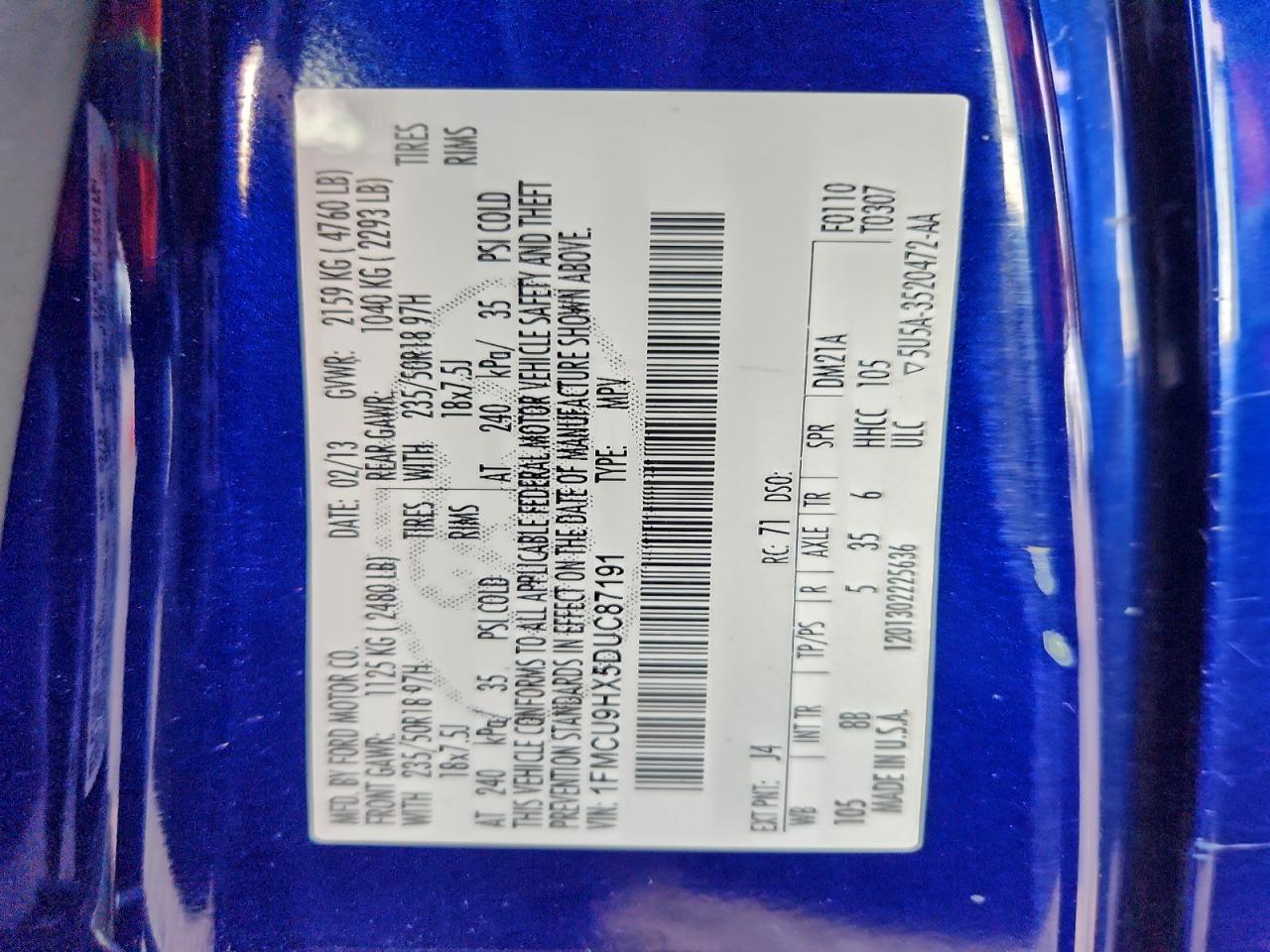 2013 Ford Escape Sel VIN: 1FMCU9HX5DUC87191 Lot: 96797625