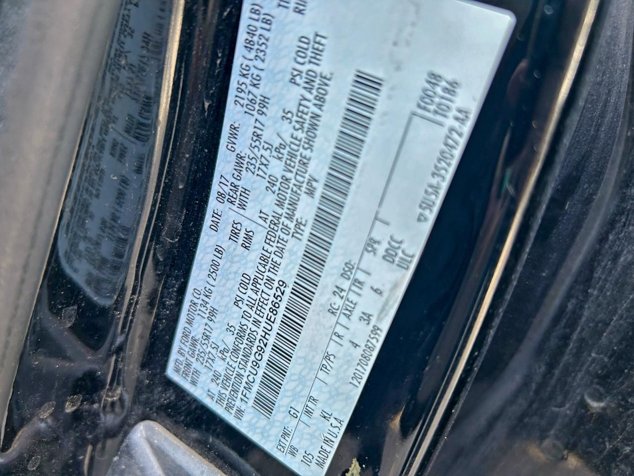 2017 Ford Escape Se VIN: 1FMCU9G92HUE86529 Lot: 97823395