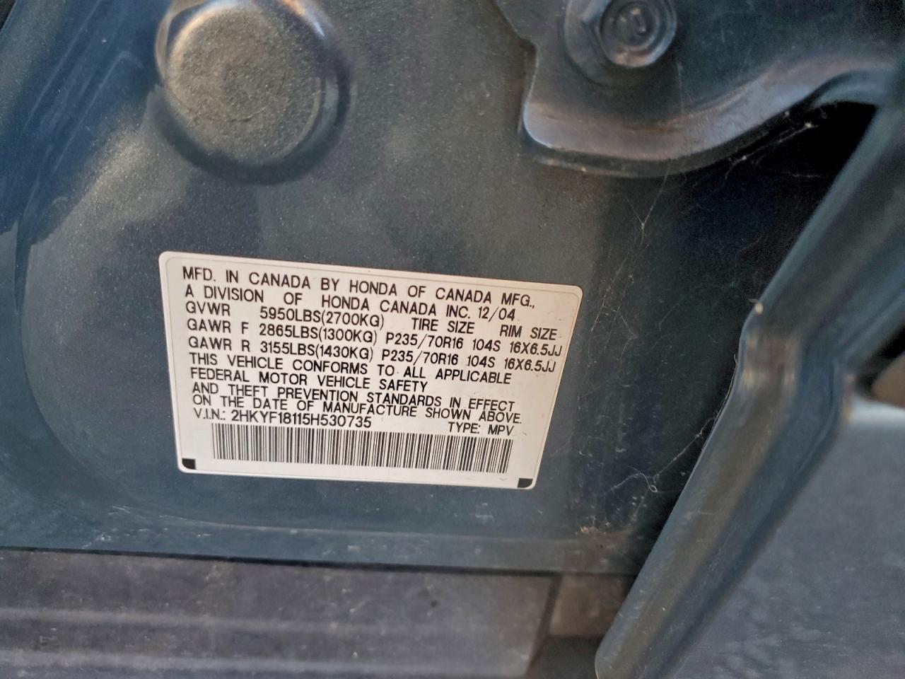 2005 Honda Pilot Lx VIN: 2HKYF18115H530735 Lot: 94823415