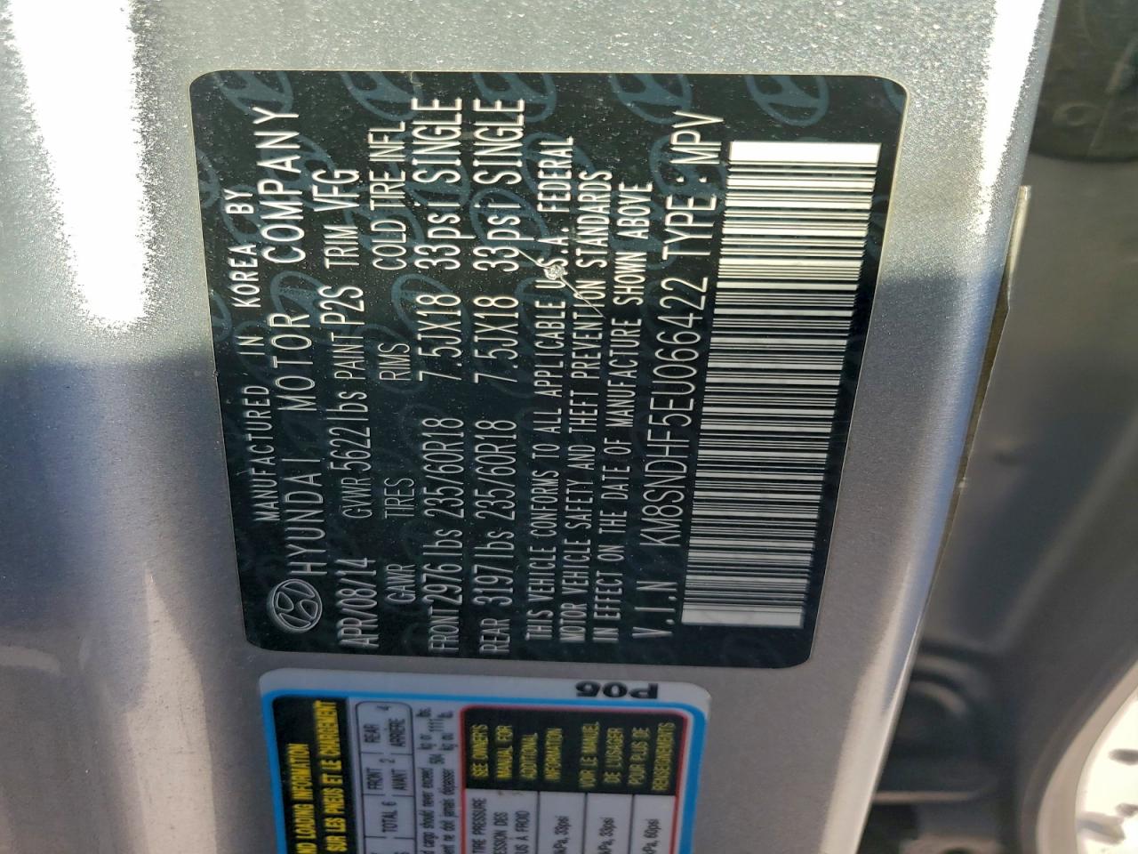 2014 Hyundai Santa Fe Gls VIN: KM8SNDHF5EU066422 Lot: 96705225