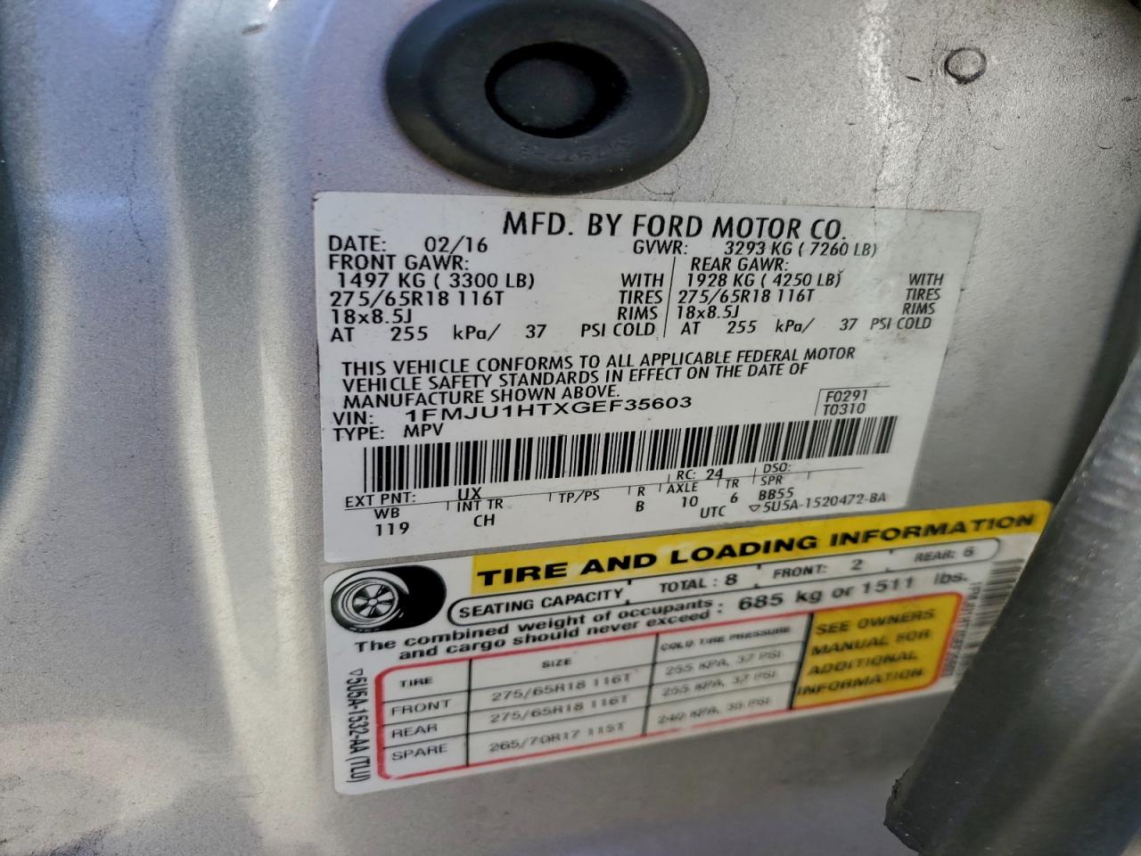 2016 Ford Expedition Xlt VIN: 1FMJU1HTXGEF35603 Lot: 95017315