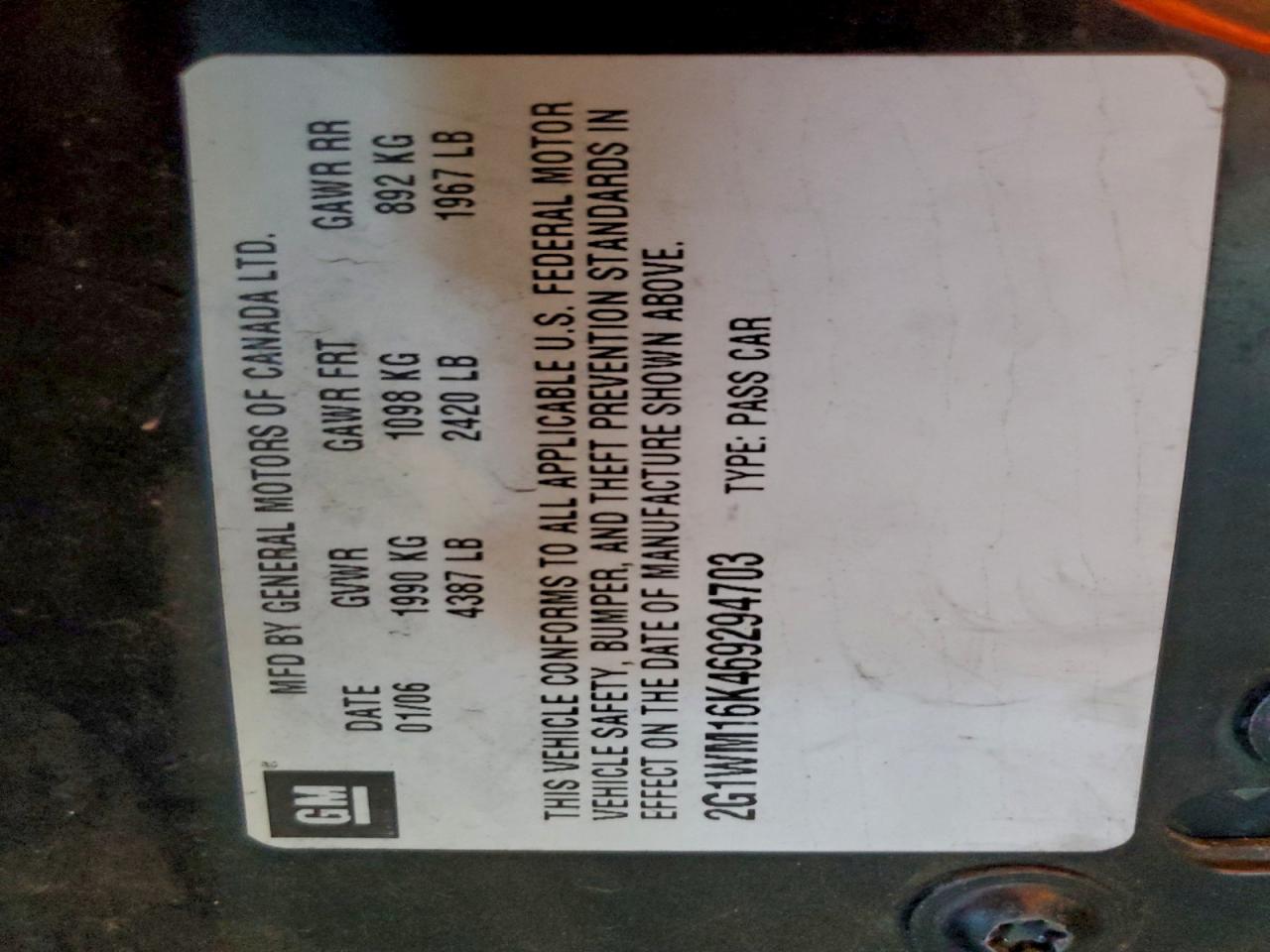 2006 Chevrolet Monte Carlo Lt VIN: 2G1WM16K469294703 Lot: 96088015