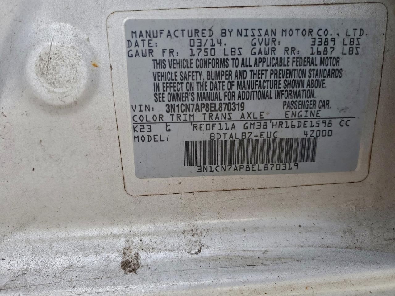 2014 Nissan Versa S VIN: 3N1CN7AP8EL870319 Lot: 94772385