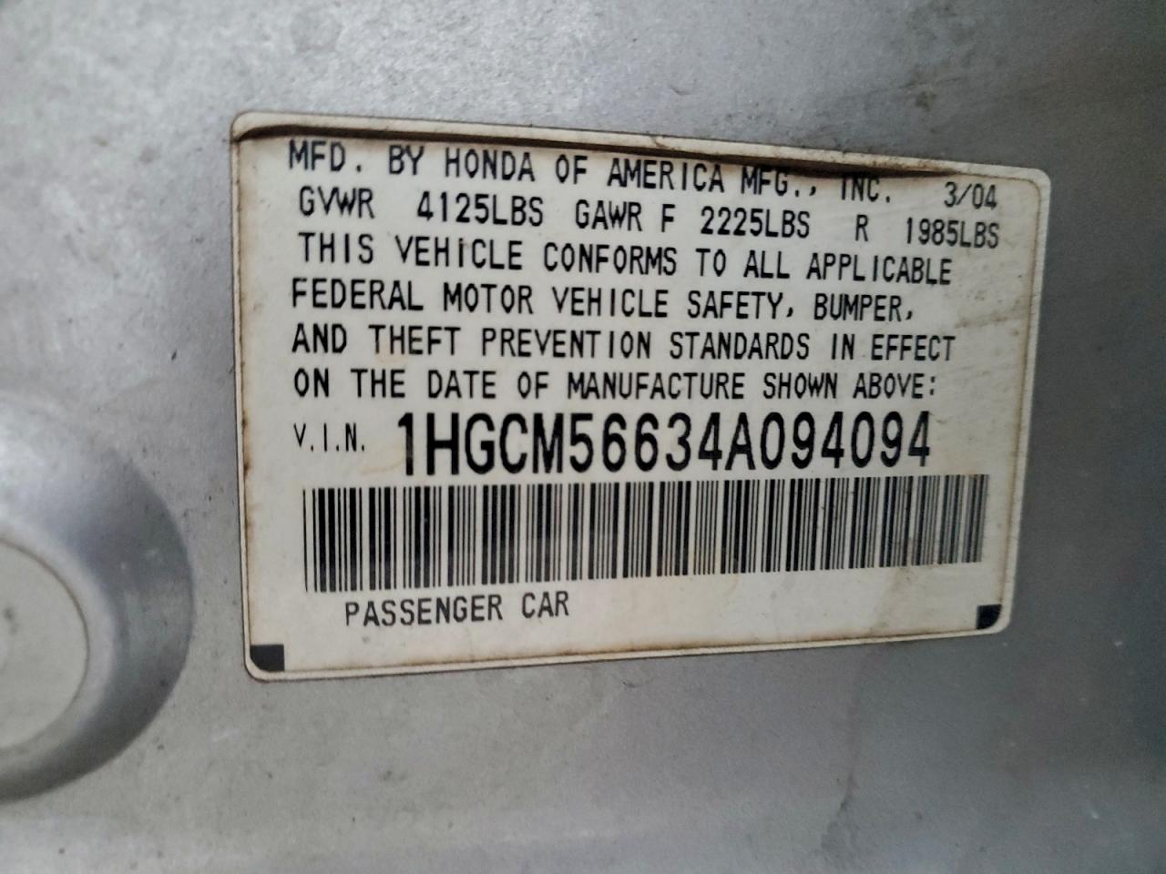 2004 Honda Accord Ex VIN: 1HGCM56634A094094 Lot: 94784895