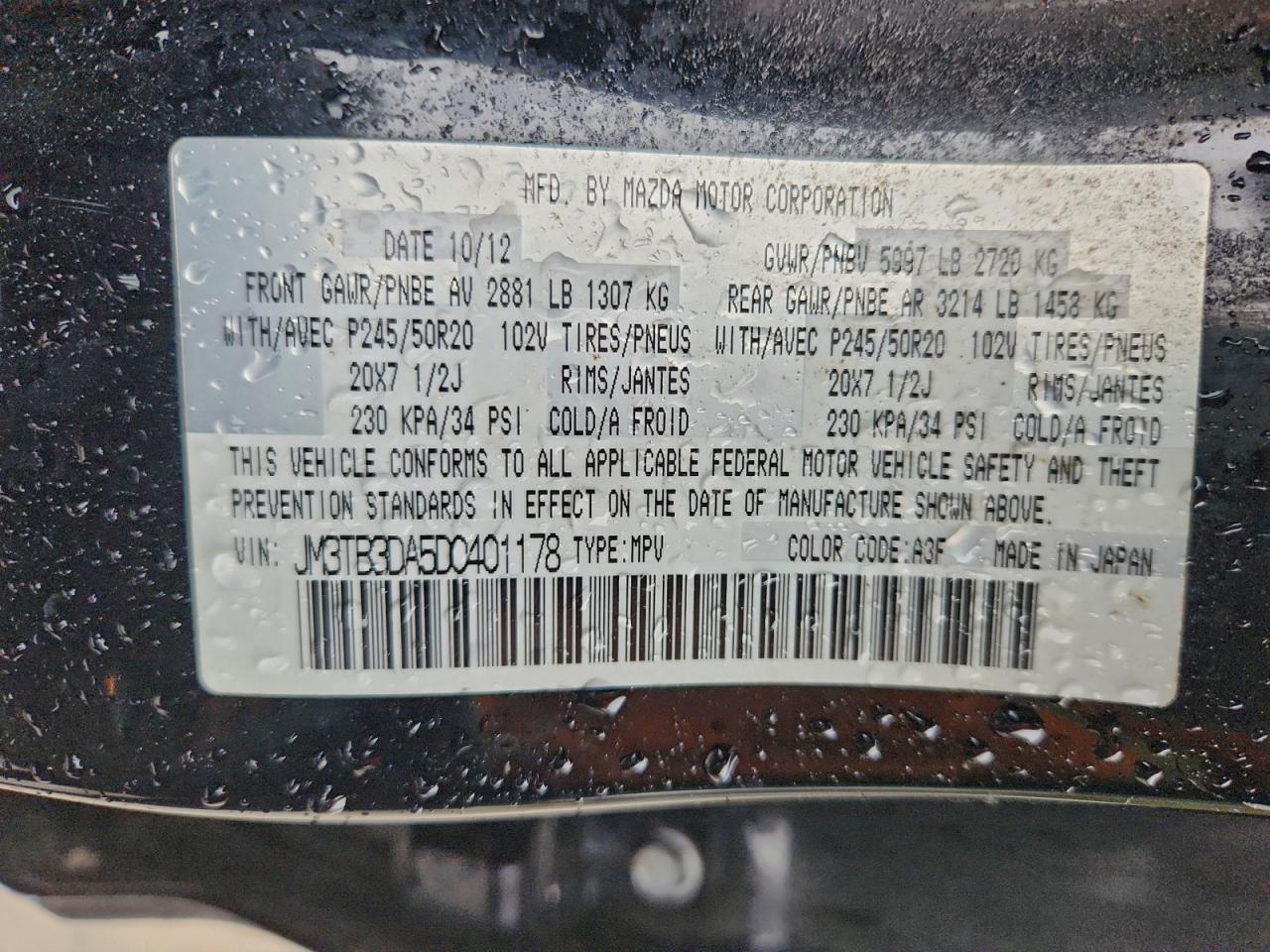 2013 Mazda Cx-9 Grand Touring VIN: JM3TB3DA5D0401178 Lot: 94304295