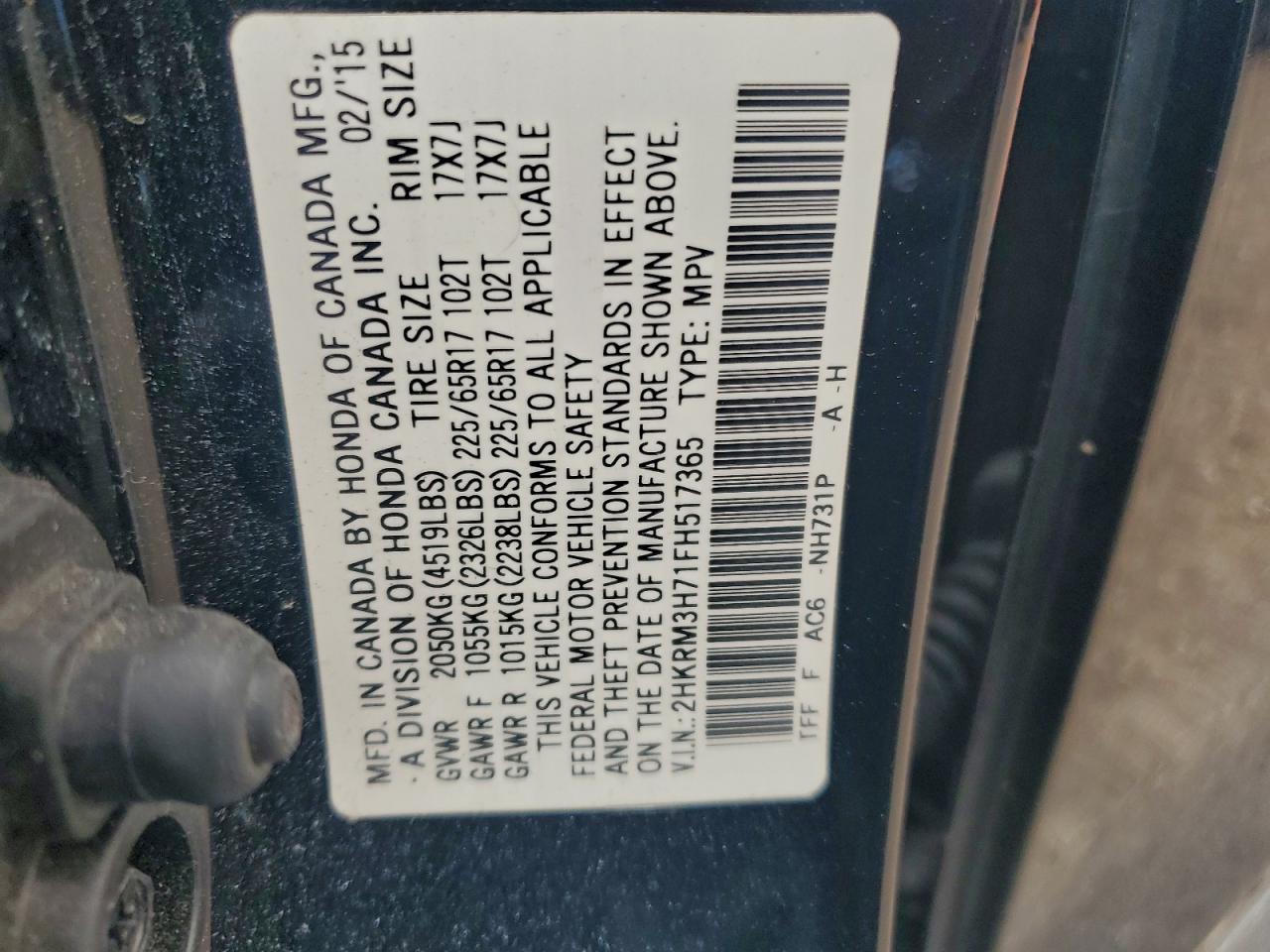 2015 Honda Cr-V Exl VIN: 2HKRM3H71FH517365 Lot: 94557925