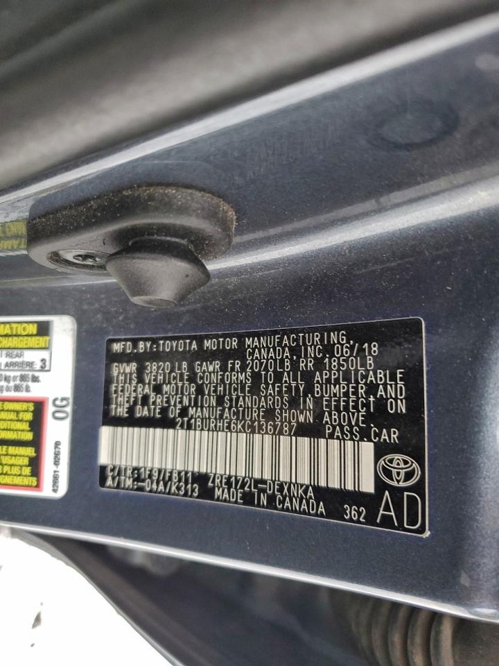 2019 Toyota Corolla L VIN: 2T1BURHE6KC136787 Lot: 94935205