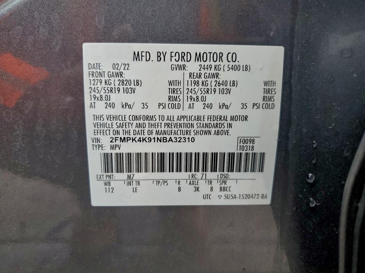 2022 Ford Edge Titanium VIN: 2FMPK4K91NBA32310 Lot: 95504765