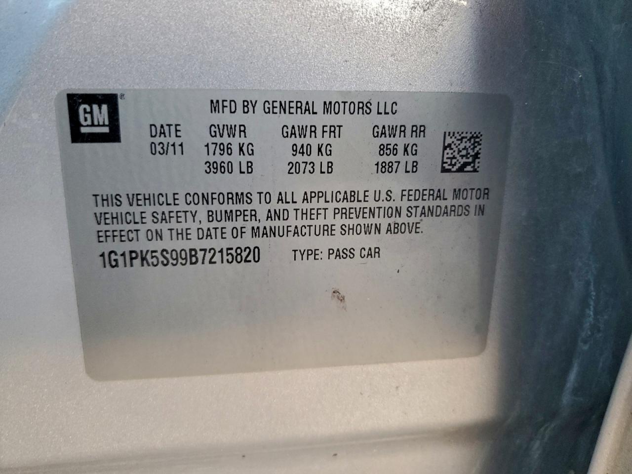 2011 Chevrolet Cruze Eco VIN: 1G1PK5S99B7215820 Lot: 96969665