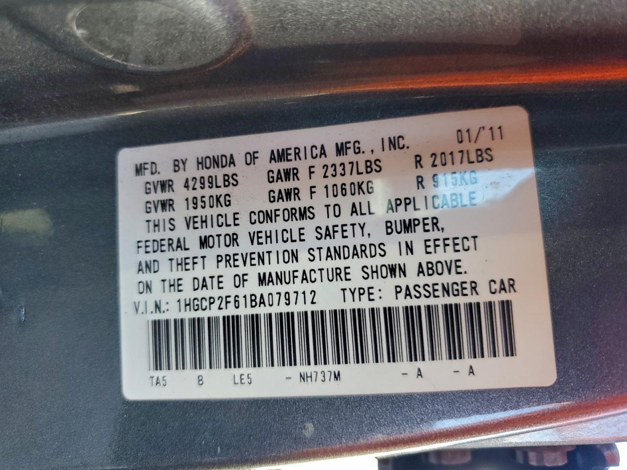 2011 Honda Accord Se VIN: 1HGCP2F61BA079712 Lot: 94803545