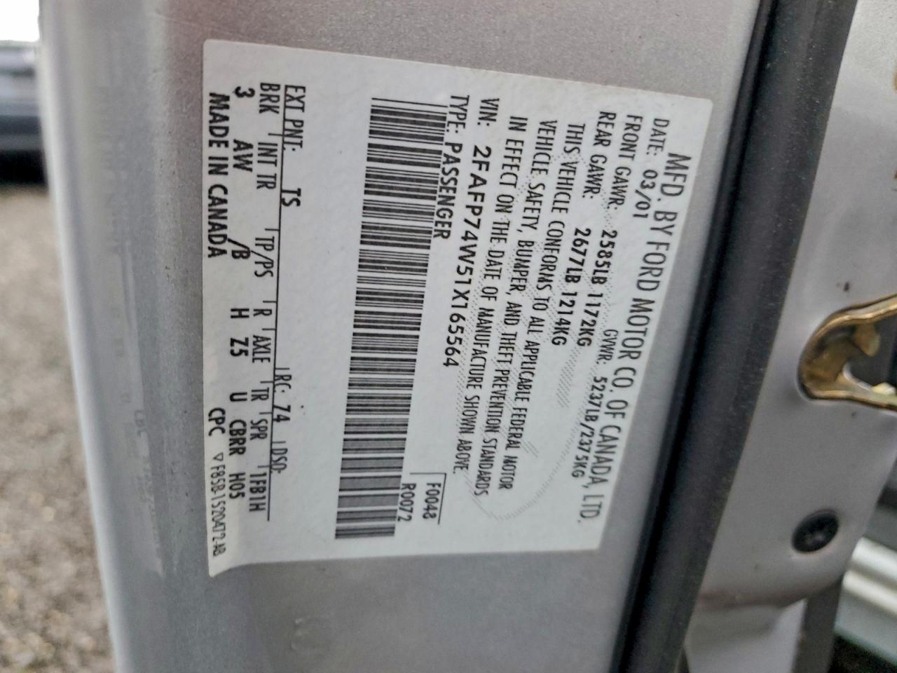 2001 Ford Crown Victoria Lx VIN: 2FAFP74W51X165564 Lot: 94812385