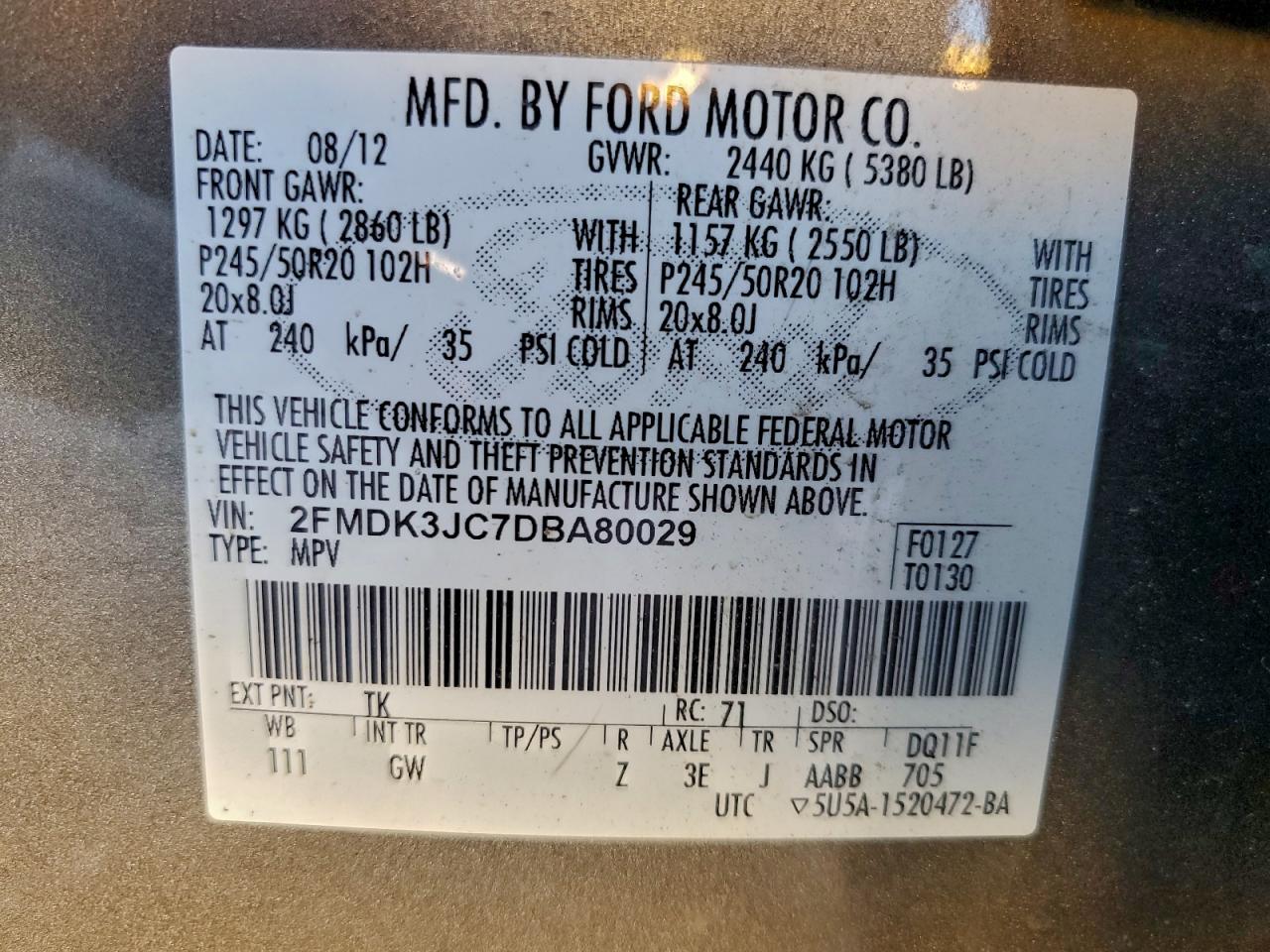 2013 Ford Edge Sel VIN: 2FMDK3JC7DBA80029 Lot: 95986605