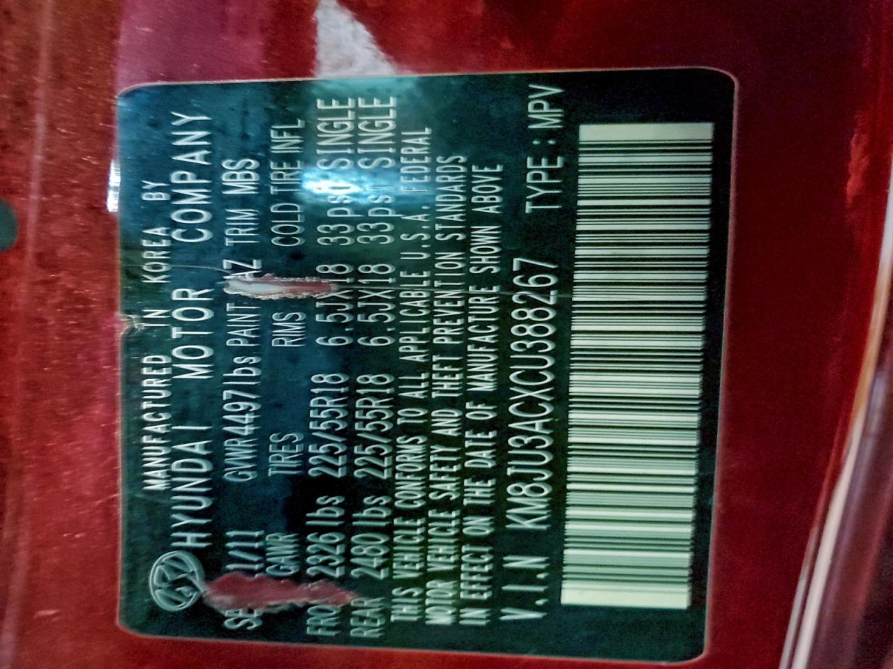 2012 Hyundai Tucson Gls VIN: KM8JU3ACXCU388267 Lot: 96298035