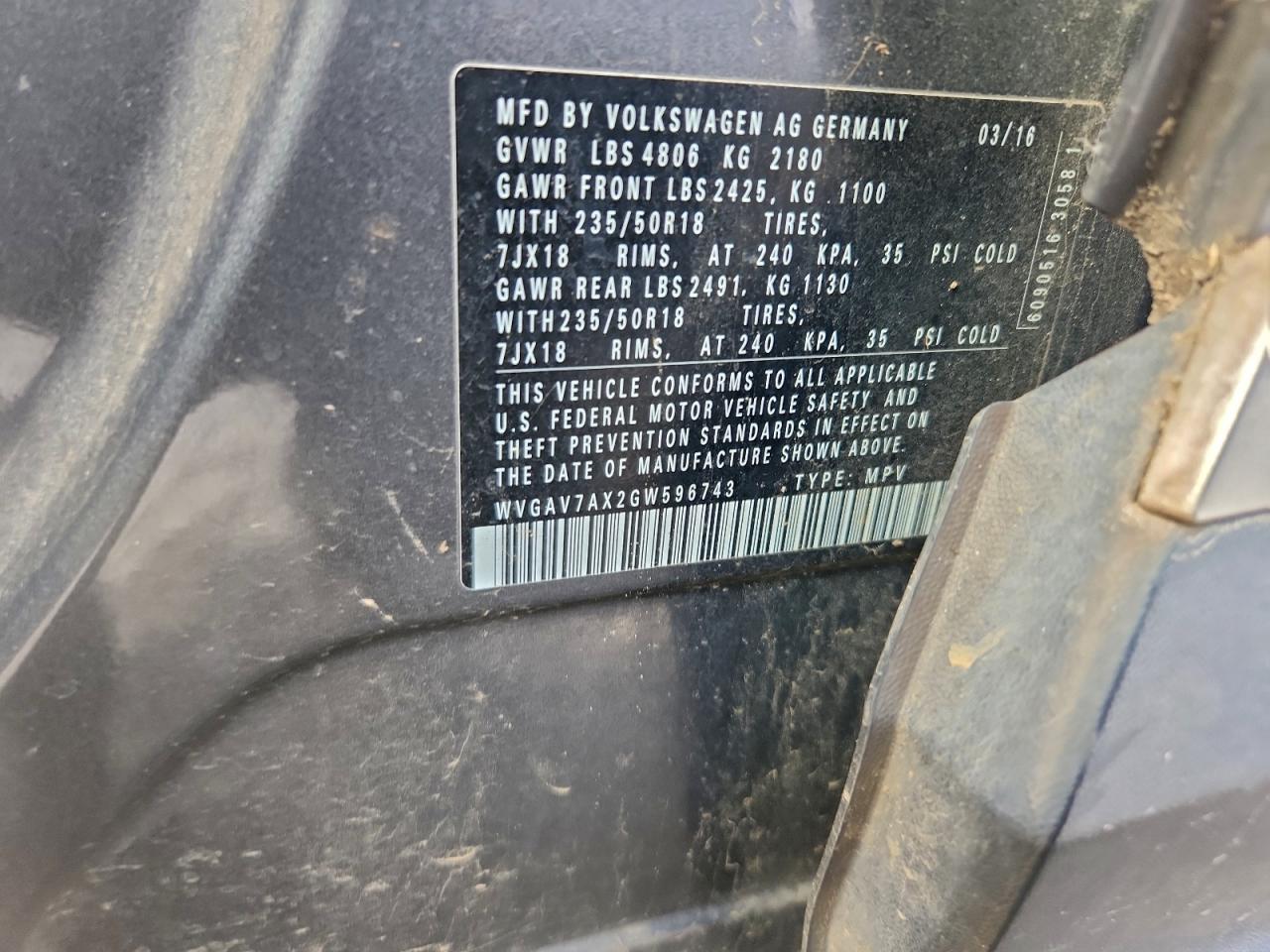2016 Volkswagen Tiguan S VIN: WVGAV7AX2GW596743 Lot: 95190855