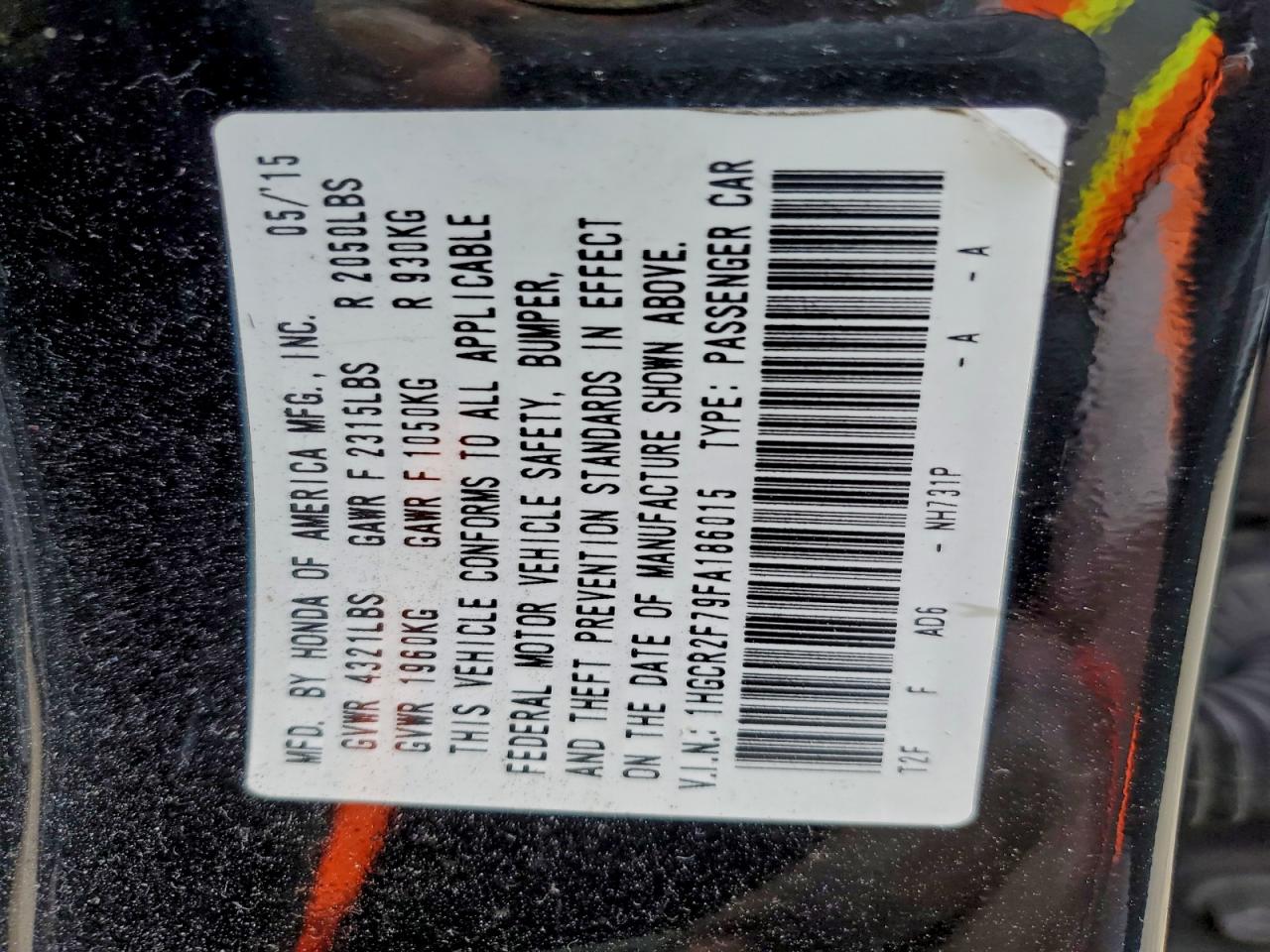 2015 Honda Accord Ex VIN: 1HGCR2F79FA186015 Lot: 97099295