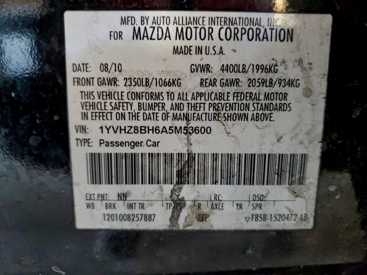 2010 Mazda 6 I VIN: 1YVHZ8BH6A5M53600 Lot: 94095605