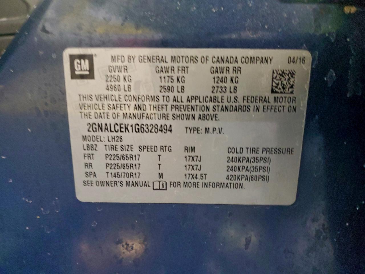 2016 Chevrolet Equinox Lt VIN: 2GNALCEK1G6328494 Lot: 94870395