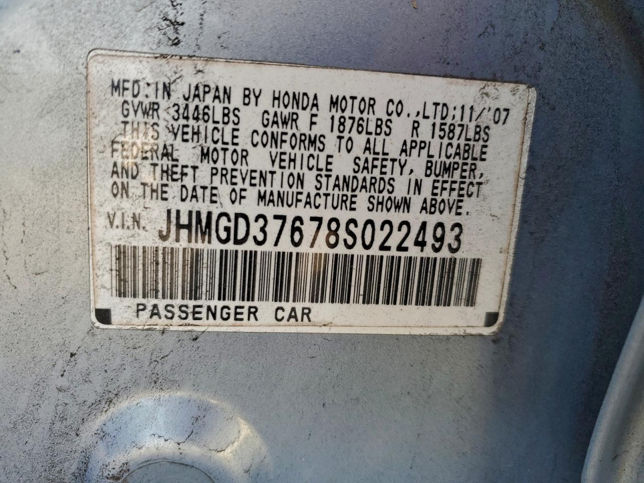 2008 Honda Fit Sport VIN: JHMGD37678S022493 Lot: 95096765